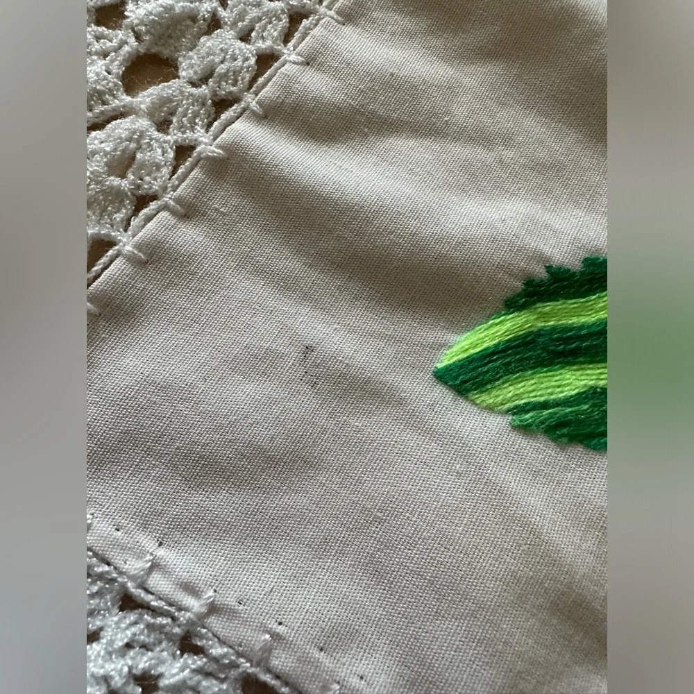 Embroidered Bird & Floral Lace Doily ⚠️ Stains 24 x 21 Large Piece